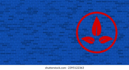 Pared de ladrillo azul con gran símbolo de ecología roja. El símbolo está situado a la derecha, a la izquierda hay espacio vacío para el contenido. Ilustración vectorial sobre fondo azul