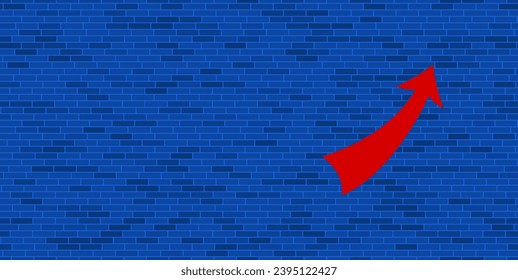 Blue Brick Wall with large red up arrow. The symbol is located on the right, on the left there is empty space for your content. Vector illustration on blue background