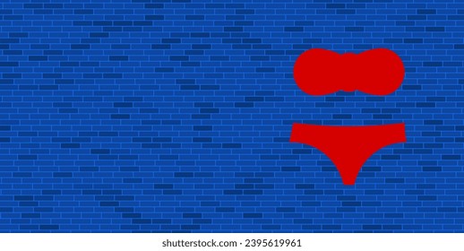 Blue Brick Wall with large red bikini symbol. The symbol is located on the right, on the left there is empty space for your content. Vector illustration on blue background