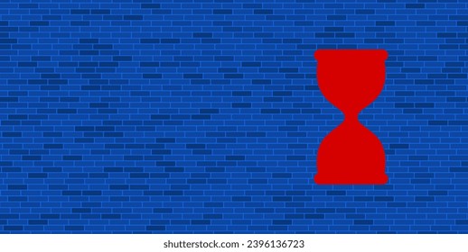 Blue Brick Wall with large red hourglass symbol. The symbol is located on the right, on the left there is empty space for your content. Vector illustration on blue background