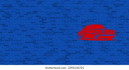 Blue Brick Wall mit großem rotem Vintage-Autosymbol. Das Symbol befindet sich auf der rechten Seite, auf der linken Seite ist Leerzeichen für Ihre Inhalte. Vektorgrafik auf blauem Hintergrund