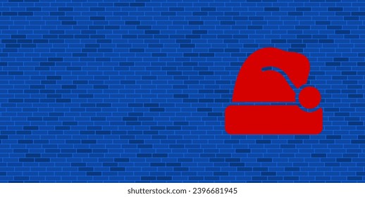 Blue Brick Wall with large red santa claus hat symbol. The symbol is located on the right, on the left there is empty space for your content. Vector illustration on blue background