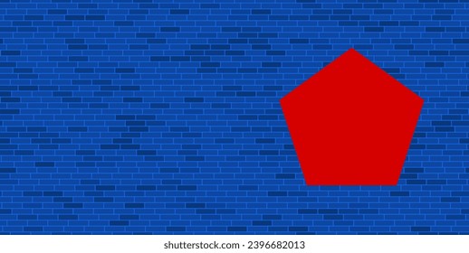 Blue Brick Wall with large red pentagon symbol. The symbol is located on the right, on the left there is empty space for your content. Vector illustration on blue background