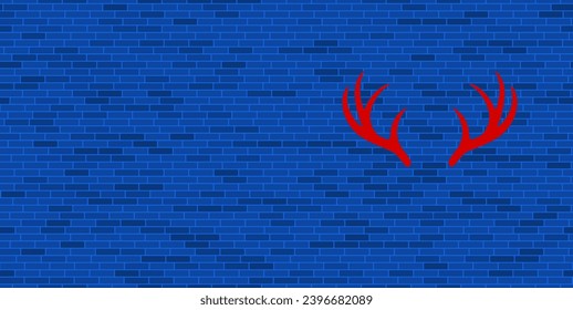 Blue Brick Wall with large red deer horns symbol. The symbol is located on the right, on the left there is empty space for your content. Vector illustration on blue background