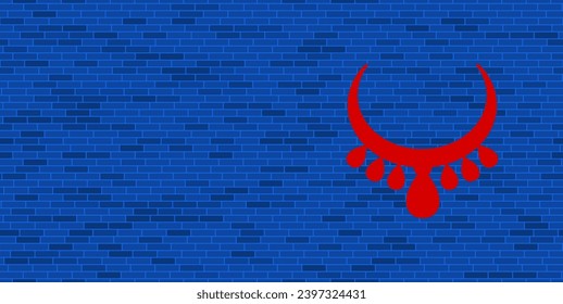 Blue Brick Wall with large red necklace symbol. The symbol is located on the right, on the left there is empty space for your content. Vector illustration on blue background