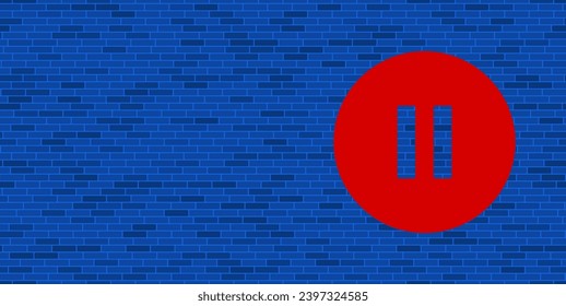 Blue Brick Wall with large red pause symbol. The symbol is located on the right, on the left there is empty space for your content. Vector illustration on blue background