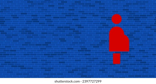 Blue Brick Wall with large red pregnant woman symbol. The symbol is located on the right, on the left there is empty space for your content. Vector illustration on blue background