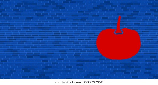Blue Brick Wall with large red pumpkin symbol. The symbol is located on the right, on the left there is empty space for your content. Vector illustration on blue background