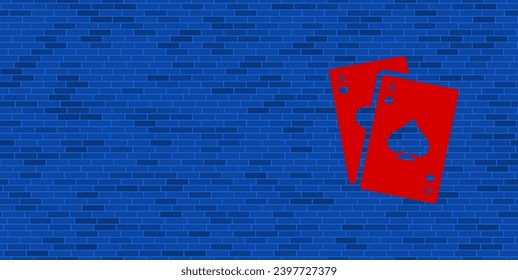 Blue Brick Wall with large red two aces symbol. The symbol is located on the right, on the left there is empty space for your content. Vector illustration on blue background