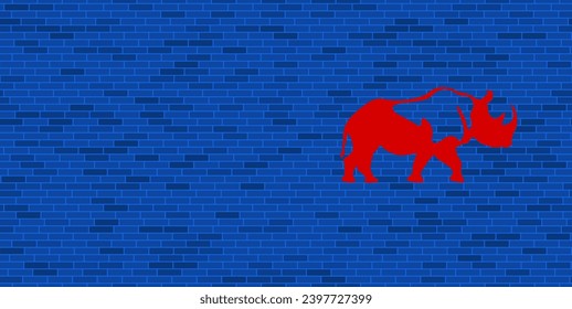 Pared de ladrillo azul con gran símbolo de rinocerontes rojos. El símbolo está situado a la derecha, a la izquierda hay espacio vacío para el contenido. Ilustración vectorial sobre fondo azul