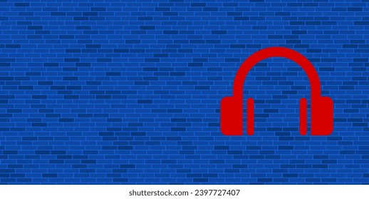 Blue Brick Wall with large red headphones symbol. The symbol is located on the right, on the left there is empty space for your content. Vector illustration on blue background