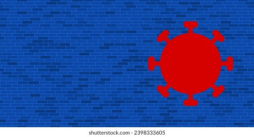 Blue Brick Wall with large red coronavirus symbol. The symbol is located on the right, on the left there is empty space for your content. Vector illustration on blue background