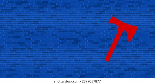 Blue Brick Wall with large red axe symbol. The symbol is located on the right, on the left there is empty space for your content. Vector illustration on blue background
