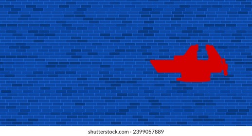 Blue Brick Wall with large red vise symbol. The symbol is located on the right, on the left there is empty space for your content. Vector illustration on blue background