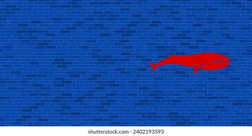 Blue Brick Wall with large red whale symbol. The symbol is located on the right, on the left there is empty space for your content. Vector illustration on blue background