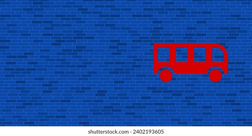 Blue Brick Wall mit großem rotem Bussymbol. Das Symbol befindet sich auf der rechten Seite, auf der linken Seite ist Leerzeichen für Ihre Inhalte. Vektorgrafik auf blauem Hintergrund