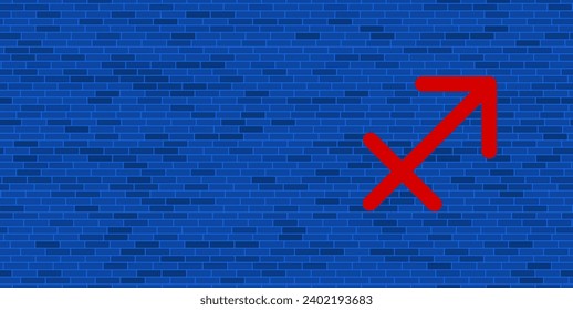 Blue Brick Wall with large red zodiac sagittarius symbol. The symbol is located on the right, on the left there is empty space for your content. Vector illustration on blue background