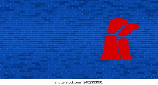 Blue Brick Wall with large red industrial pollution symbol. The symbol is located on the right, on the left there is empty space for your content. Vector illustration on blue background