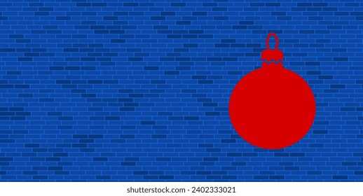 Blue Brick Wall with large red Christmas tree toy. The symbol is located on the right, on the left there is empty space for your content. Vector illustration on blue background