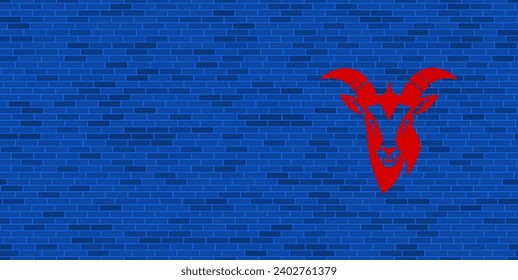 Blue Brick Wall with large red goat head symbol. The symbol is located on the right, on the left there is empty space for your content. Vector illustration on blue background