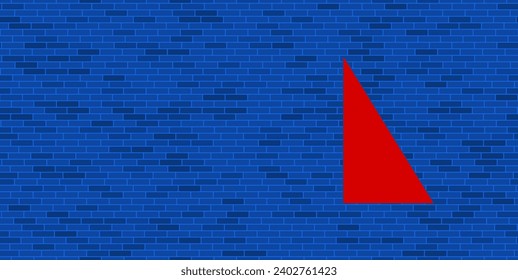 Blue Brick Wall with large red right triangle symbol. The symbol is located on the right, on the left there is empty space for your content. Vector illustration on blue background