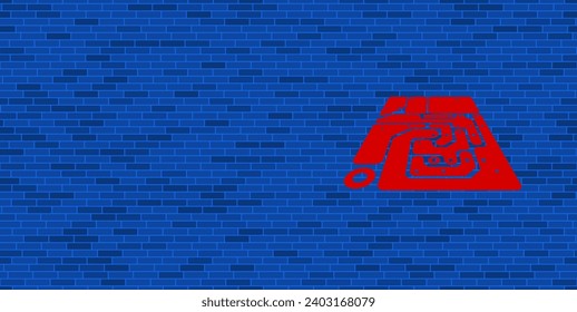 Blue Brick Wall with large red printed circuit board. The symbol is located on the right, on the left there is empty space for your content. Vector illustration on blue background