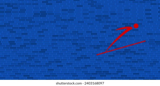 Blue Brick Wall with large red Ski jumping symbol. The symbol is located on the right, on the left there is empty space for your content. Vector illustration on blue background