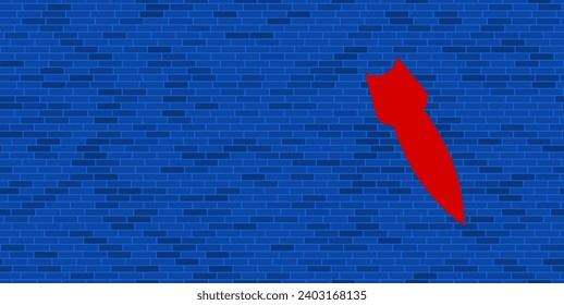 Blue Brick Wall with large red falling rocket symbol. The symbol is located on the right, on the left there is empty space for your content. Vector illustration on blue background