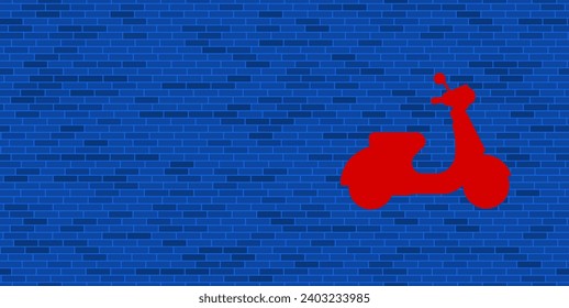 Blue Brick Wall with large red scooter symbol. The symbol is located on the right, on the left there is empty space for your content. Vector illustration on blue background