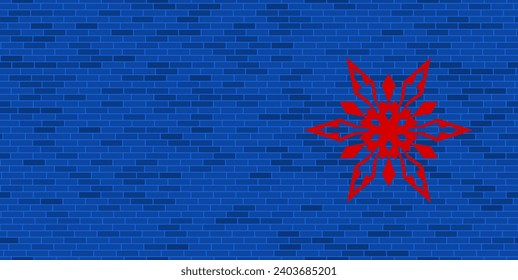 Pared de ladrillo azul con un gran copo de nieve rojo. El símbolo está situado a la derecha, a la izquierda hay espacio vacío para el contenido. Ilustración vectorial sobre fondo azul
