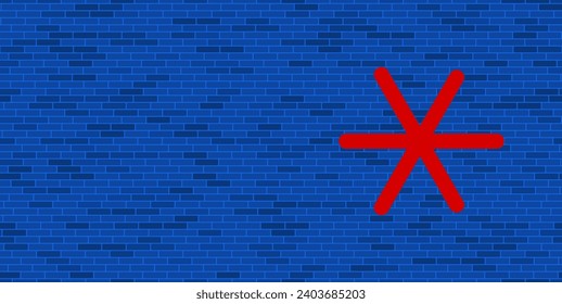 Blue Brick Wall with large red astrological sextile symbol. The symbol is located on the right, on the left there is empty space for your content. Vector illustration on blue background