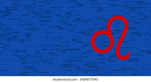 Blue Brick Wall with large red zodiac leo symbol. The symbol is located on the right, on the left there is empty space for your content. Vector illustration on blue background
