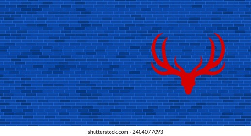 Blue Brick Wall with large red deer horns symbol. The symbol is located on the right, on the left there is empty space for your content. Vector illustration on blue background