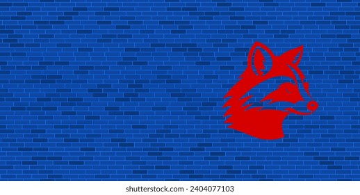 Blue Brick Wall with large red raccoon head symbol. The symbol is located on the right, on the left there is empty space for your content. Vector illustration on blue background