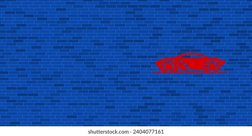 Blue Brick Wall with large red future car symbol. The symbol is located on the right, on the left there is empty space for your content. Vector illustration on blue background