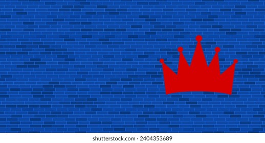 Muro de ladrillo azul con gran símbolo de corona roja. El símbolo está situado a la derecha, a la izquierda hay espacio vacío para el contenido. Ilustración vectorial sobre fondo azul