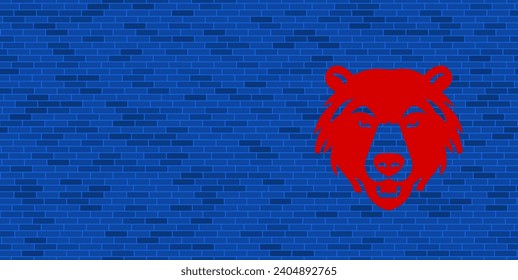 Blue Brick Wall with large red bear head symbol. The symbol is located on the right, on the left there is empty space for your content. Vector illustration on blue background