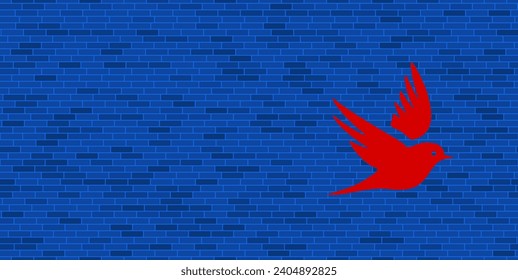 Blue Brick Wall with large red bird symbol. The symbol is located on the right, on the left there is empty space for your content. Vector illustration on blue background