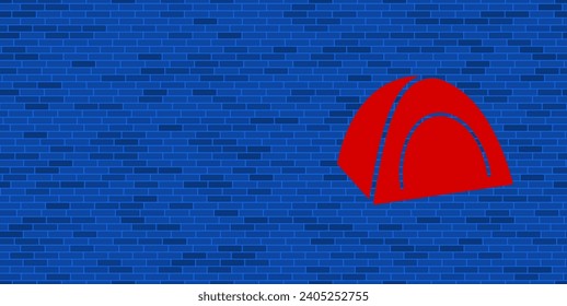 Blue Brick Wall with large red tourist tent. The symbol is located on the right, on the left there is empty space for your content. Vector illustration on blue background