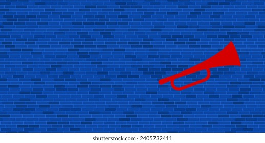 Muro de ladrillo azul con gran símbolo de trompeta roja. El símbolo está situado a la derecha, a la izquierda hay espacio vacío para el contenido. Ilustración vectorial sobre fondo azul