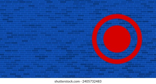 Blue Brick Wall with large red radio button symbol. The symbol is located on the right, on the left there is empty space for your content. Vector illustration on blue background