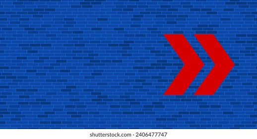 Pared de ladrillo azul con gran símbolo de flecha doble roja. El símbolo está situado a la derecha, a la izquierda hay espacio vacío para el contenido. Ilustración vectorial sobre fondo azul