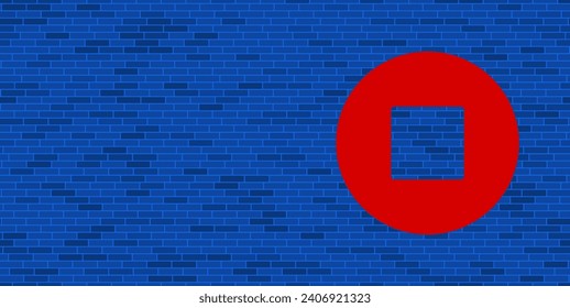 Blue Brick Wall with large red stop media symbol. The symbol is located on the right, on the left there is empty space for your content. Vector illustration on blue background