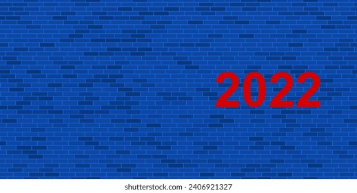 Blue Brick Wall with large red 2022 year symbol. The symbol is located on the right, on the left there is empty space for your content. Vector illustration on blue background