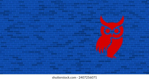 Blue Brick Wall with large red owl symbol. The symbol is located on the right, on the left there is empty space for your content. Vector illustration on blue background