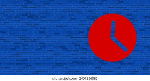 Blue Brick Wall with large red time symbol. The symbol is located on the right, on the left there is empty space for your content. Vector illustration on blue background