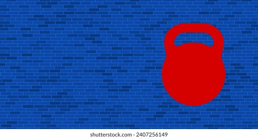 Blue Brick Wall with large red sports weight symbol. The symbol is located on the right, on the left there is empty space for your content. Vector illustration on blue background
