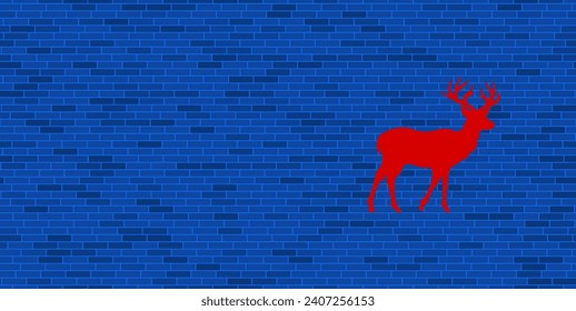 Blue Brick Wall with large red deer symbol. The symbol is located on the right, on the left there is empty space for your content. Vector illustration on blue background