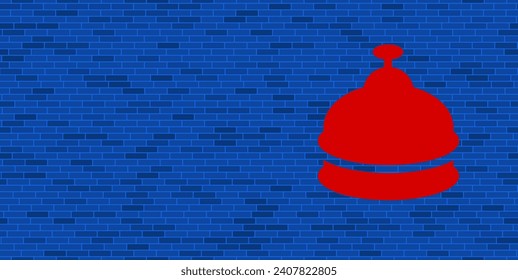 Blue Brick Wall with large red reception bell symbol. The symbol is located on the right, on the left there is empty space for your content. Vector illustration on blue background
