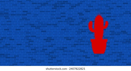 Pared de ladrillo azul con gran símbolo de cactus rojo. El símbolo está situado a la derecha, a la izquierda hay espacio vacío para el contenido. Ilustración vectorial sobre fondo azul